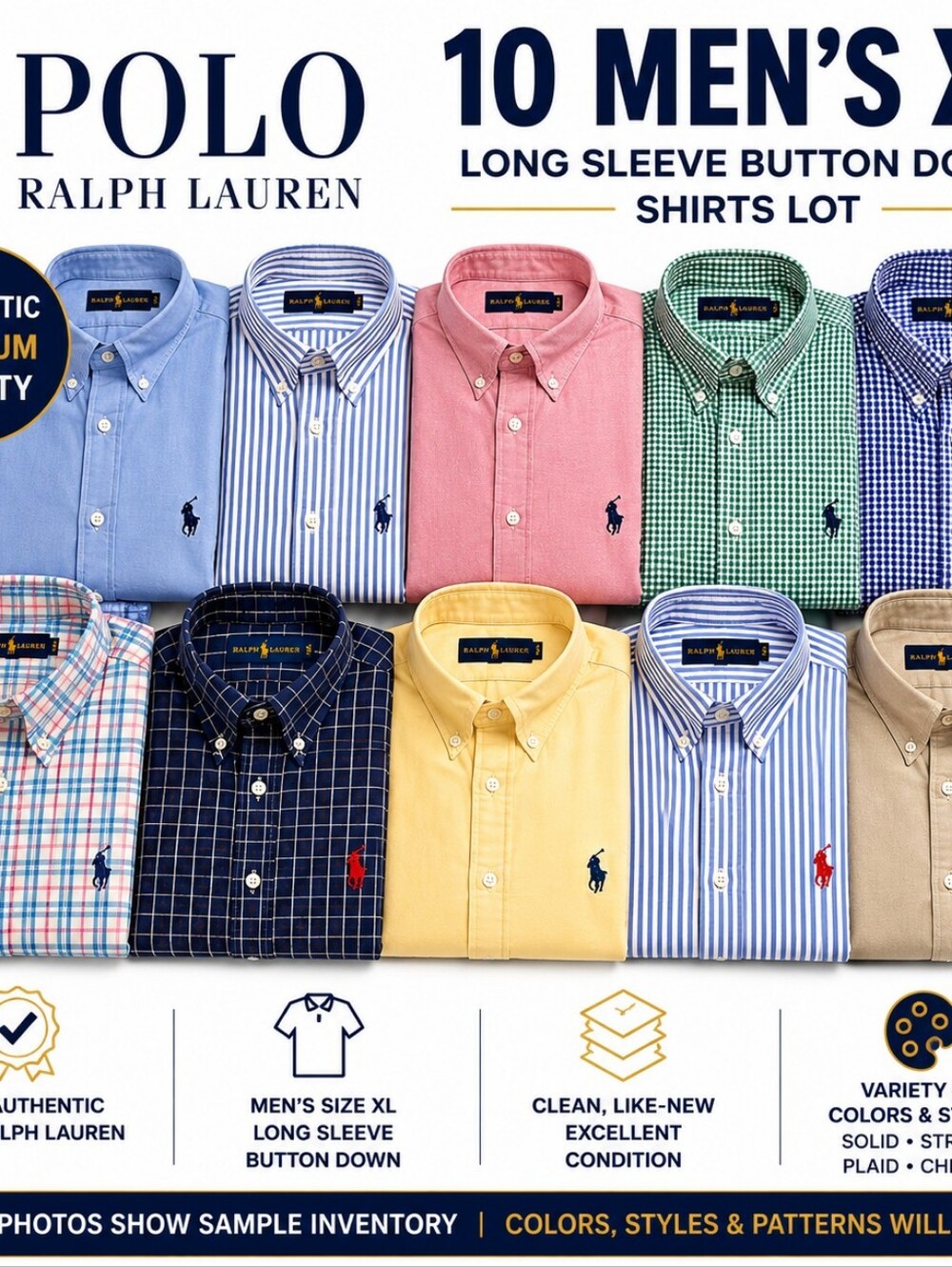 10 Men’s XL Polo Ralph Lauren Button Down Shirt Lot Mixed Colors Long Sleeve